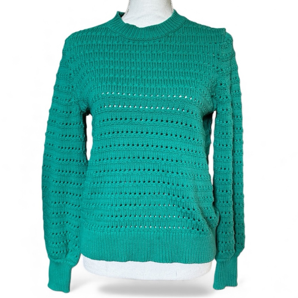 J Crew Women’s Balloon Sleeve Pointelle Sweater, Teal - Small EUC